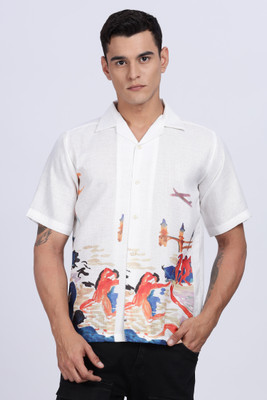 FUSON Men Printed Festive White Shirt