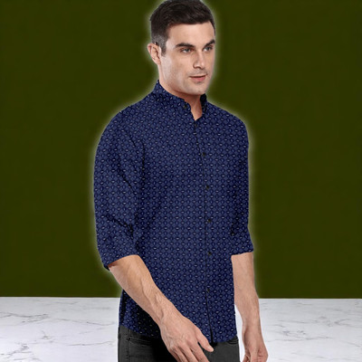 CLOSWIF Men Printed Casual Dark Blue Shirt