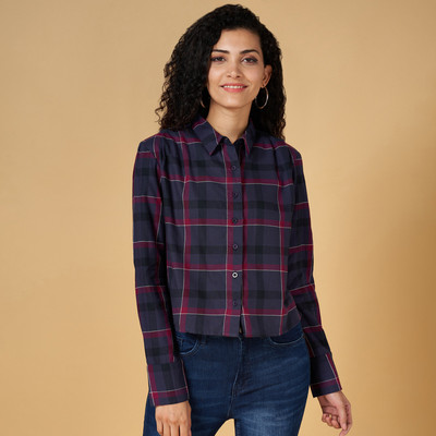SF Jeans by Pantaloons Women Checkered Casual Dark Blue Shirt