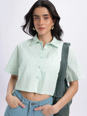 Glitchez Women Solid Casual Green Shirt