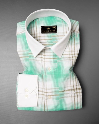 french crown Men Checkered Formal White Shirt