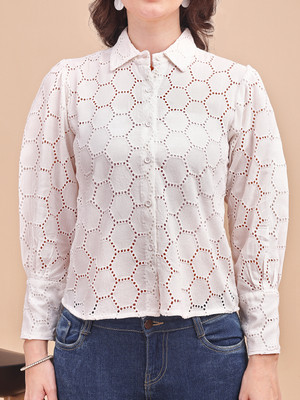 ARVILAS Women Self Design Casual White Shirt