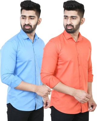 Feel high Men Solid Casual Blue, Orange Shirt(Pack of 2)