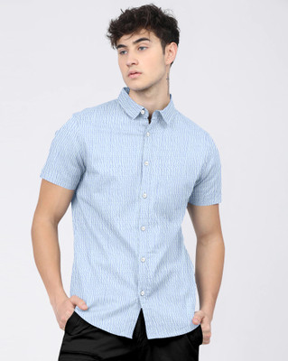 SYSBELLA FASHION Men Printed Casual Light Blue, White Shirt