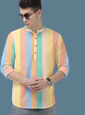 The style grove Men Striped Casual Orange Shirt