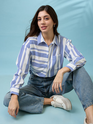 Globus Women Striped Casual White, Blue Shirt