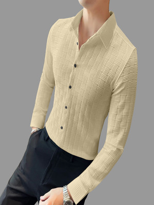 KHANJAN FASHION Men Self Design Casual Cream Shirt