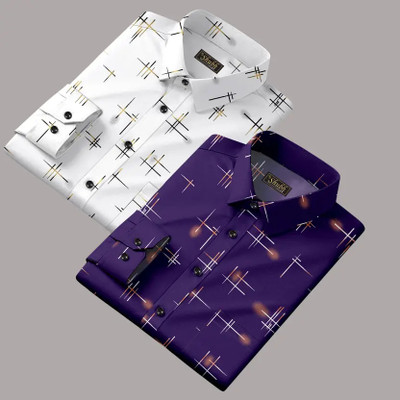 Cubix Men Graphic Print Casual White, Light Blue Shirt(Pack of 2)
