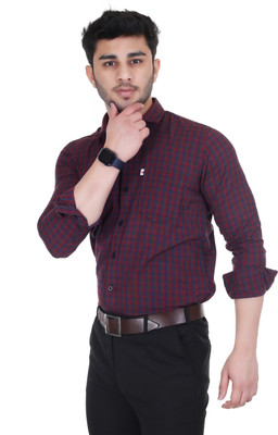 Tiki Tees Men Checkered Formal Maroon, Blue Shirt
