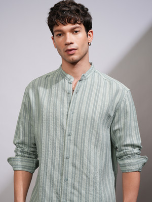 HIGHLANDER Men Striped Casual Green Shirt