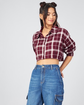 Chimpaaanzee Women Checkered Casual Maroon Shirt