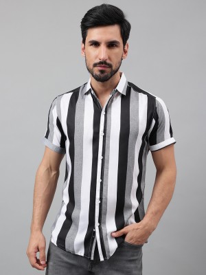 Voroxy Men Striped Casual Black, White, Grey Shirt