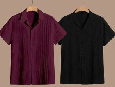 VRLOOKS Men Self Design Casual Maroon, Black Shirt(Pack of 2)