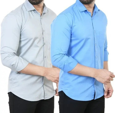 Hansroop Men Solid Casual Grey, Light Blue Shirt(Pack of 2)