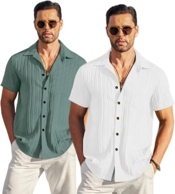 METRONAUT Men Self Design Casual Dark Green, White Shirt(Pack of 2)