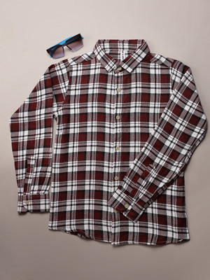 V-MART Boys Checkered Casual Maroon, White Shirt