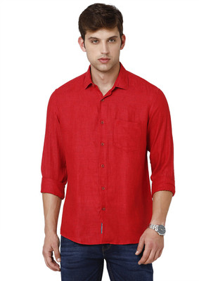 Linen Club Men Solid Casual Red Shirt