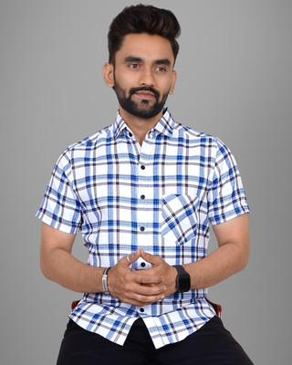 Voroxy Men Checkered Casual White Shirt