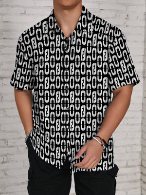 KAJARU Men Self Design Casual Black, White Shirt