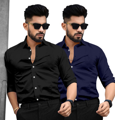 SAADIWALA Men Solid Casual Black, Dark Blue Shirt(Pack of 2)