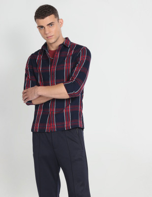 FLYING MACHINE Men Checkered Casual White, Red, Dark Blue Shirt