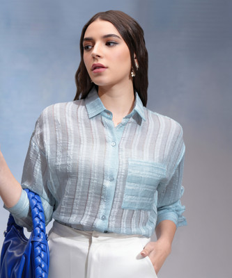 Tokyo Talkies Women Striped Casual Blue Shirt