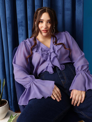 CURVY STREET Women Solid Casual Purple Shirt