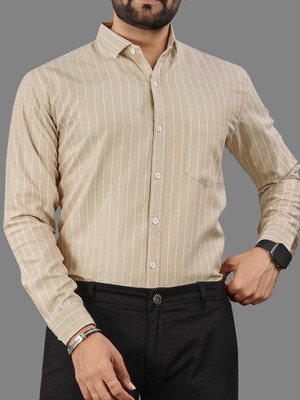 MILDIN Men Striped Formal Brown Shirt