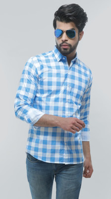 Unistrieet Men Checkered Casual Light Blue, White Shirt