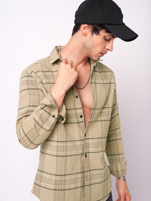 VASTRADO Men Checkered Casual Beige Shirt