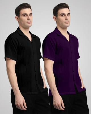 HEMAS LIFESTYLE Men Self Design, Solid Casual Black, Purple Shirt(Pack of 2)