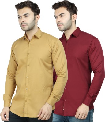 Ifti Fashion Men Solid Casual Beige, Maroon Shirt(Pack of 2)