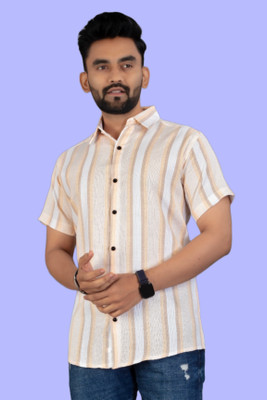 Rajaranchod creation Men Striped Formal Orange, White Shirt