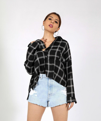 Chimpaaanzee Women Checkered Casual White, Black Shirt