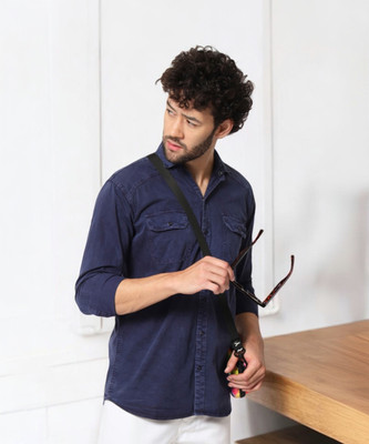 Double One Men Solid Casual Dark Blue Shirt