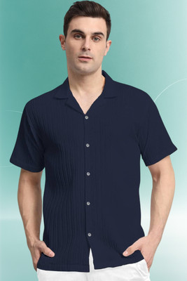 A DEEMOON TREND Men Self Design Casual Dark Blue Shirt