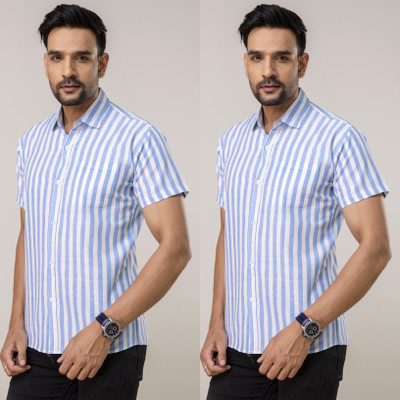 AUZAAI COLLECTION Men Striped Casual Blue Shirt(Pack of 2)