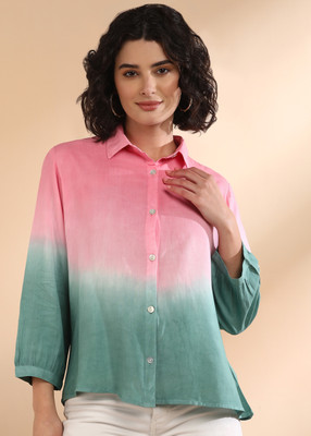 METRONAUT Women Dyed/Ombre Casual Pink, Green Shirt