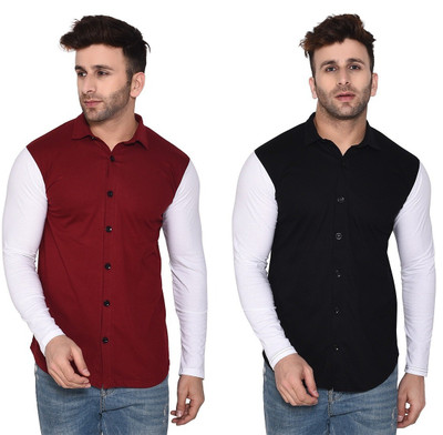 GEUM Men Solid Casual Maroon, Black Shirt(Pack of 2)