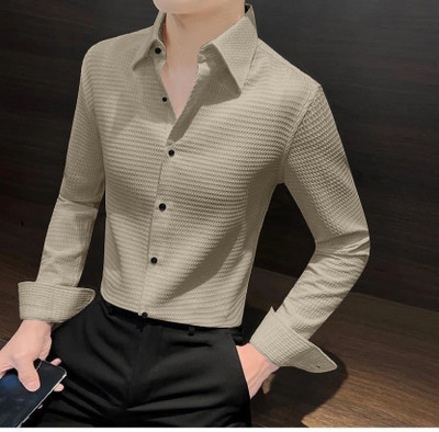 quinlan Men Self Design Casual Beige Shirt