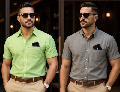 LUCKY COLLECTIOS Men Solid Formal Green, Pink Shirt(Pack of 2)