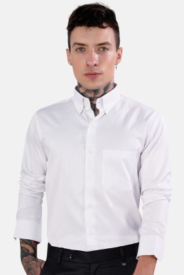 french crown Men Striped Formal White Shirt