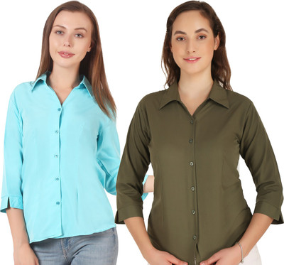 Hunoor Women Self Design Formal Green, Blue Shirt(Pack of 2)