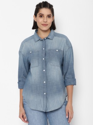 American Eagle Women Solid Casual Blue Shirt