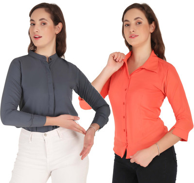 Hunoor Women Solid Casual Grey, Orange Shirt(Pack of 2)