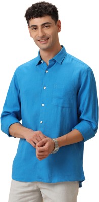 Linen Club Men Solid Casual Blue Shirt