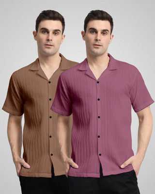 VK Couture Men Self Design Casual Brown, Pink Shirt(Pack of 2)