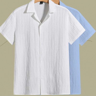 Looksky Men Self Design Casual White, Light Blue Shirt(Pack of 2)