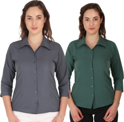 Hunoor Women Solid Casual Blue, Black Shirt(Pack of 2)