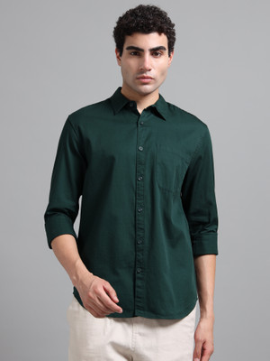 Proword Men Solid Casual Dark Green Shirt